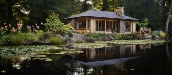 Fototapeta na wymiar New wooden cottage built beside a pond