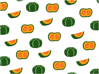 かぼちゃと断面の手描き風 壁紙 模様イラスト