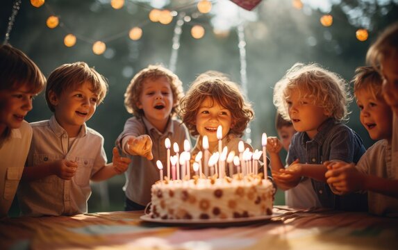Group of kids smiling at an outdoor birthday party. Generative AI
