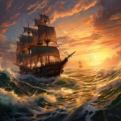 Obraz premium Pirate ship by the sunset