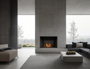 Interior Design Simple modern living with a warm fireplace.
