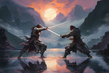 two warriors armed with swords fighting on a lake in the sunset. Generative AI - obrazy, fototapety, plakaty