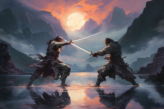 two warriors armed with swords fighting on a lake in the sunset. Generative AI