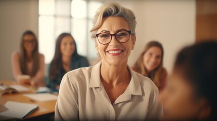 cheerful senior woman taking office