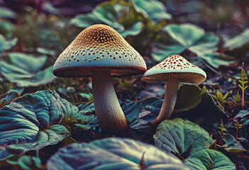 mushrooms in the woods - obrazy, fototapety, plakaty