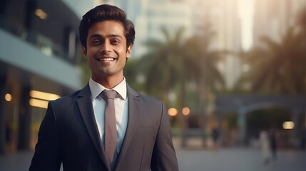 Successful businessman standing in creative office and looking at camera while smiling. generative ai