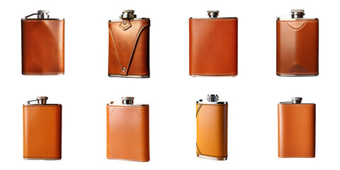 Png Set Brown leather flask for alcohol on a transparent background