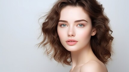 Fototapeta premium young beautiful woman with perfect smooth skin isolated over white background. Nude makeup. Concept of natural beauty. generative ai