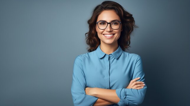 Smiling businesswoman with glasses in office attire exudes confidence and happiness