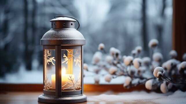 A Lit Candle Sitting On Top Of A Window Sill. Photorealistic AI. Romantic Wintertime Background.