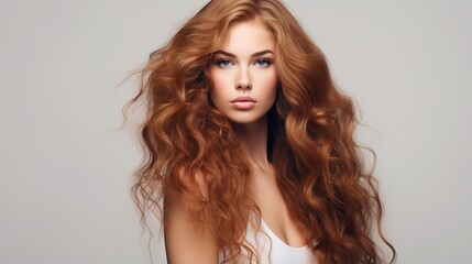 Fototapeta premium Lovely curly hair. Girl With Healthy Wavy Long Blonde Hair Smiling. Happy Woman Portrait With Beautiful Face, Sexy Makeup, And Perfect Hair Curls. generative ai