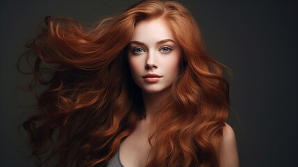 Naklejka premium Lovely curly hair. Girl With Healthy Wavy Long Blonde Hair Smiling. Happy Woman Portrait With Beautiful Face, Sexy Makeup, And Perfect Hair Curls. generative ai