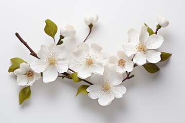 A branch of white flowers with green leaves. Photorealistic AI.