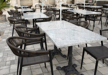 Restaurant outdoor terrace in city centre.Summer season