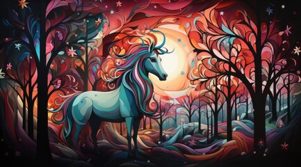 A painting of a unicorn in a forest. Fiction, made with AI.