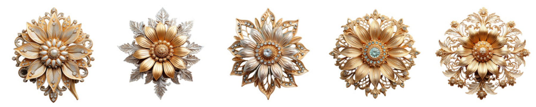 Png Set Old fashioned sunflower brooch made of silver with intricate design set against a transparent background