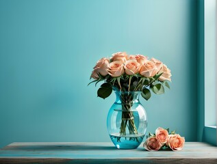 Turquoise Wall Home Interior, Wooden Table Adorned with Glass Vase and a Bouquet of Roses, Offering Ample Copy Space