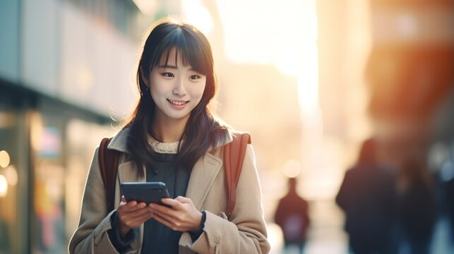 smiling young Asian woman texting on mobile phone on in the street. generative ai