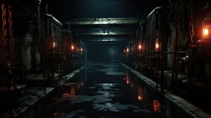 A dimly lit room with lots of pipes. Photorealistic AI. Cellar with chains and water.