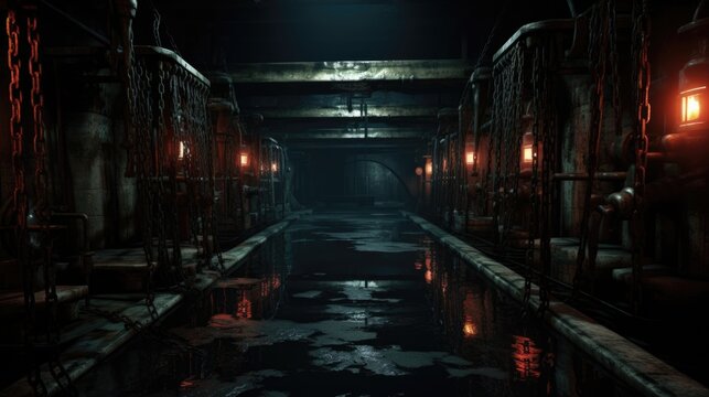A dimly lit room with lots of pipes. Photorealistic AI. Cellar with chains and water. © Friedbert