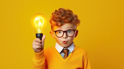 little boy with wearing glasses on yellow background - obrazy, fototapety, plakaty