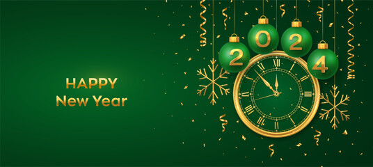 Happy New Year 2024. Hanging green Christmas bauble balls with realistic gold 3d numbers 2024 and snowflakes. Watch with Roman numeral and countdown midnight eve for New Year. Merry Christmas. Vector.