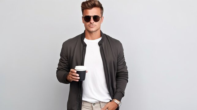 Handsome man with sunglasses holding cup of coffee
