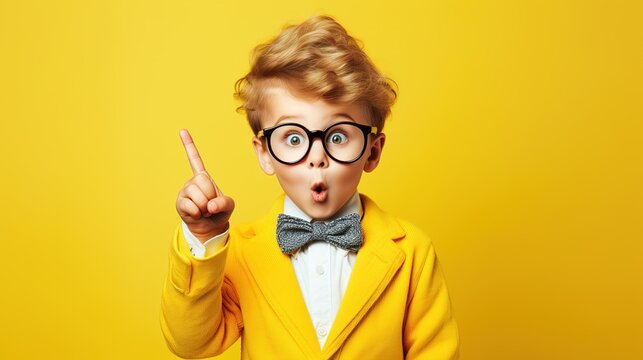 Naklejki little boy with wearing glasses on yellow background