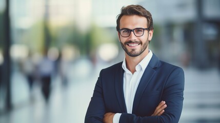 Fototapeta premium Portrait of successful businessman standing with arms crossed standing in front of modern office buildings. generative ai