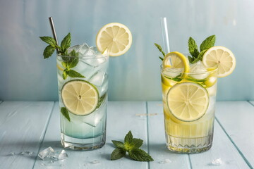 Two glass with lemonade or mojito cocktail with lemon and mint, cold refreshing drink or beverage with ice on rustic blue background