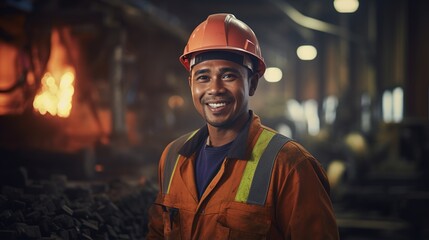 Professional heavy industry worker wearing a hard hat and protective gear.