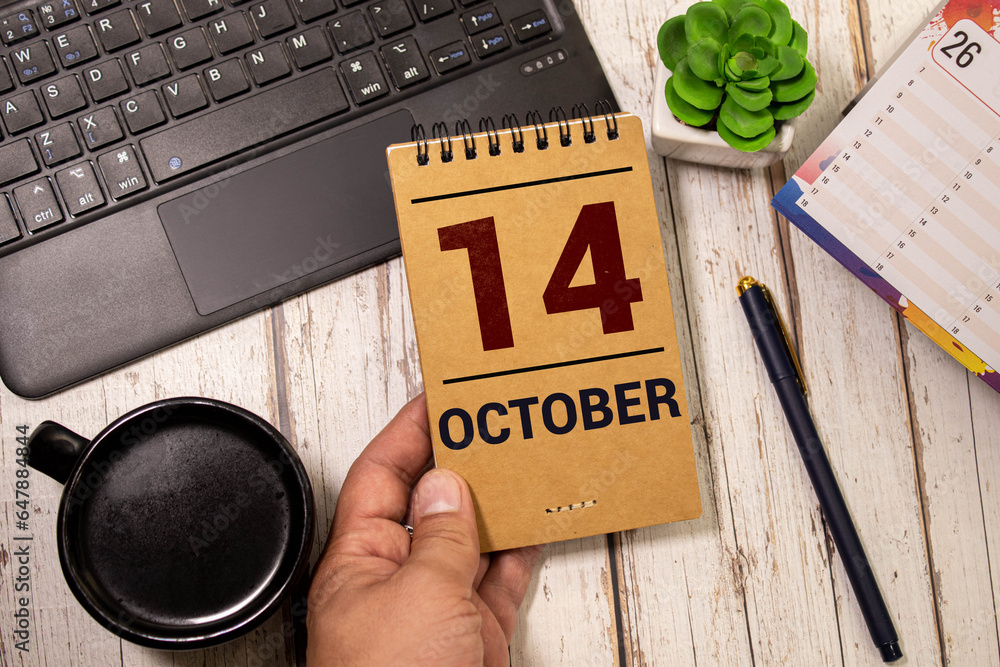 Poster october 14 calendar date text on wooden blocks with copy space for ideas or text. copy space and cal