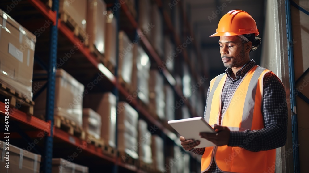 Canvas Prints Portrait of a male warehouse worker in warehouse storage. A worker in a factory holding a computer tablet stands amid a stack of cardboard boxes. generative ai