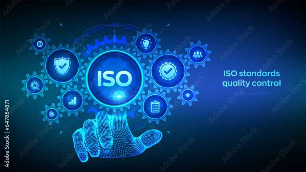 Poster iso standards quality control, assurance warranty business technology concept on virtual screen. wir
