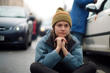 Young  woman sitting on a street in front of cars - obrazy, fototapety, plakaty