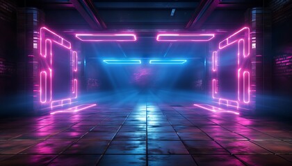 Modern Sci Fi Elegant Retro Club Stage Glowing Blue Pink Purple Frame Light Rectangle In Dark Empty Grunge