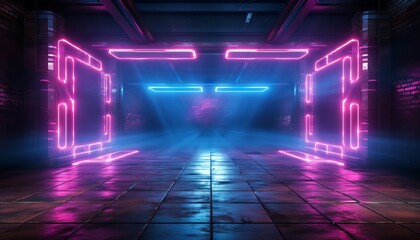 Modern Sci Fi Elegant Retro Club Stage Glowing Blue Pink Purple Frame Light Rectangle In Dark Empty Grunge