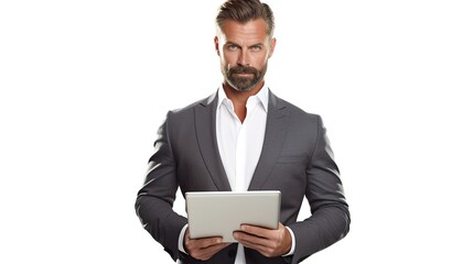 businessman with tablet computer on white background. generative ai