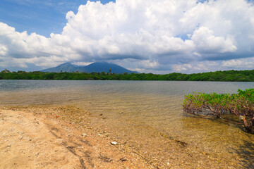 A beach with white sand in the Baluran National Park forest, with a background of Mount Baluran, east java indonesia