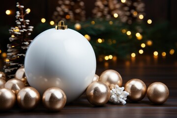 A white christmas ornament surrounded by gold ornaments. Photorealistic AI. Christmas mockup, copyspace.