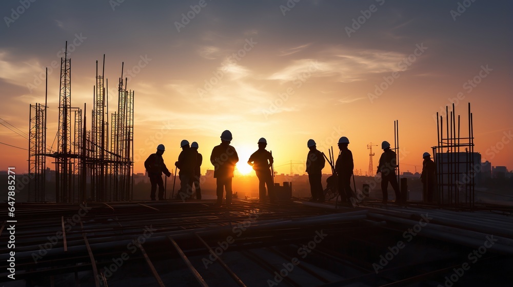 Poster construction engineers supervising progress of construction project. generative ai
