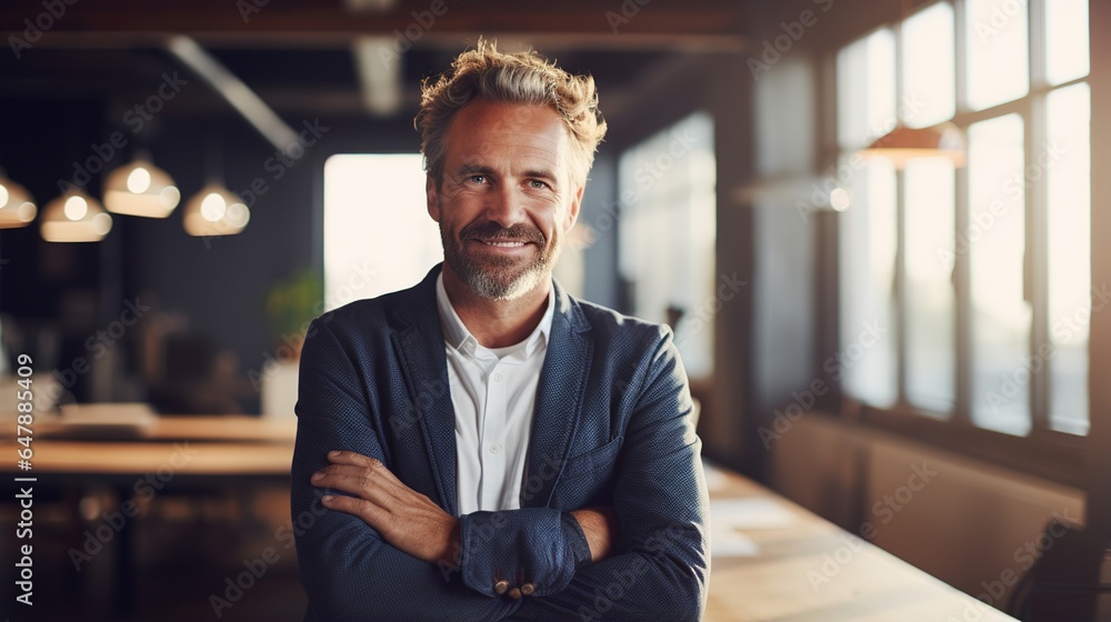 Poster businessman has his arms crossed on office background