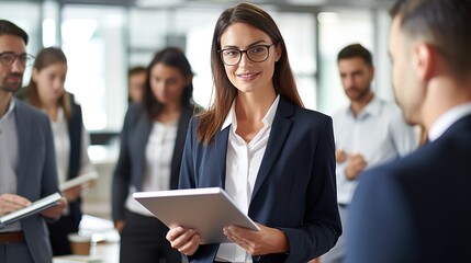 Fototapeta premium portrait of a smiling business woman at the camera looking professional and executive and using tablets pc in office background. generative ai