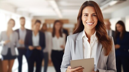 portrait of a smiling business woman at the camera looking professional and executive and using tablets pc in office background. generative ai