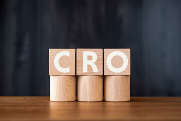 There is wood cube with the word CRO. It is an abbreviation for Contract Research Organization as eye-catching image.