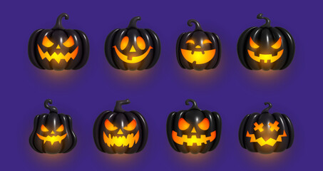 Black inflated pumpkin with a creepy smile and glowing eyes. Pumpkin inflatable 3d black inflatable pumpkins with cut scary good joy smile. Vector illustration