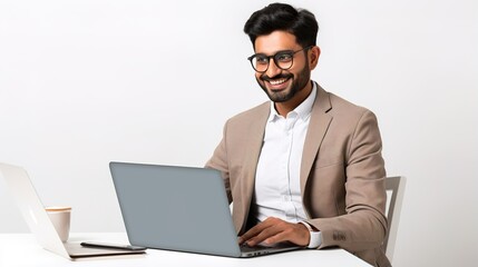 Indian businessman working on laptop computer on white background