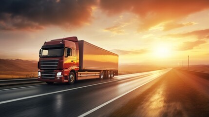 Truck with container on highway, cargo transportation concept. generative ai