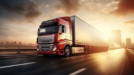Truck with container on highway, cargo transportation concept. - obrazy, fototapety, plakaty