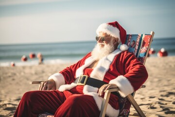 Santa claus sitting on the beach, wearing sunglasses
